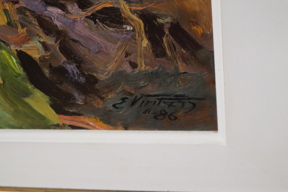 E. Vintats, oil on board, Still life of chrysanthemums in a blue vase, indistinctly signed and dated 86, 90 x 65cm